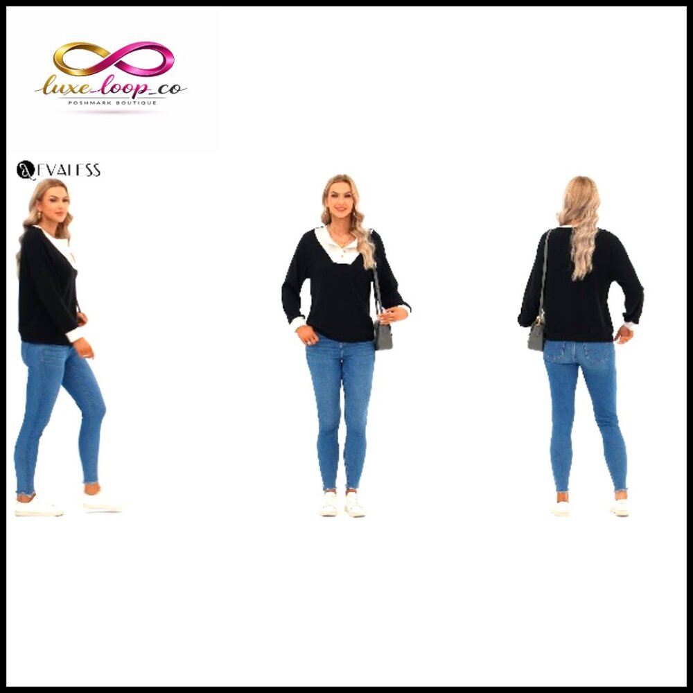 Patchwork V-Neck Sweatshirt Oversized Pullover Ca… - image 7